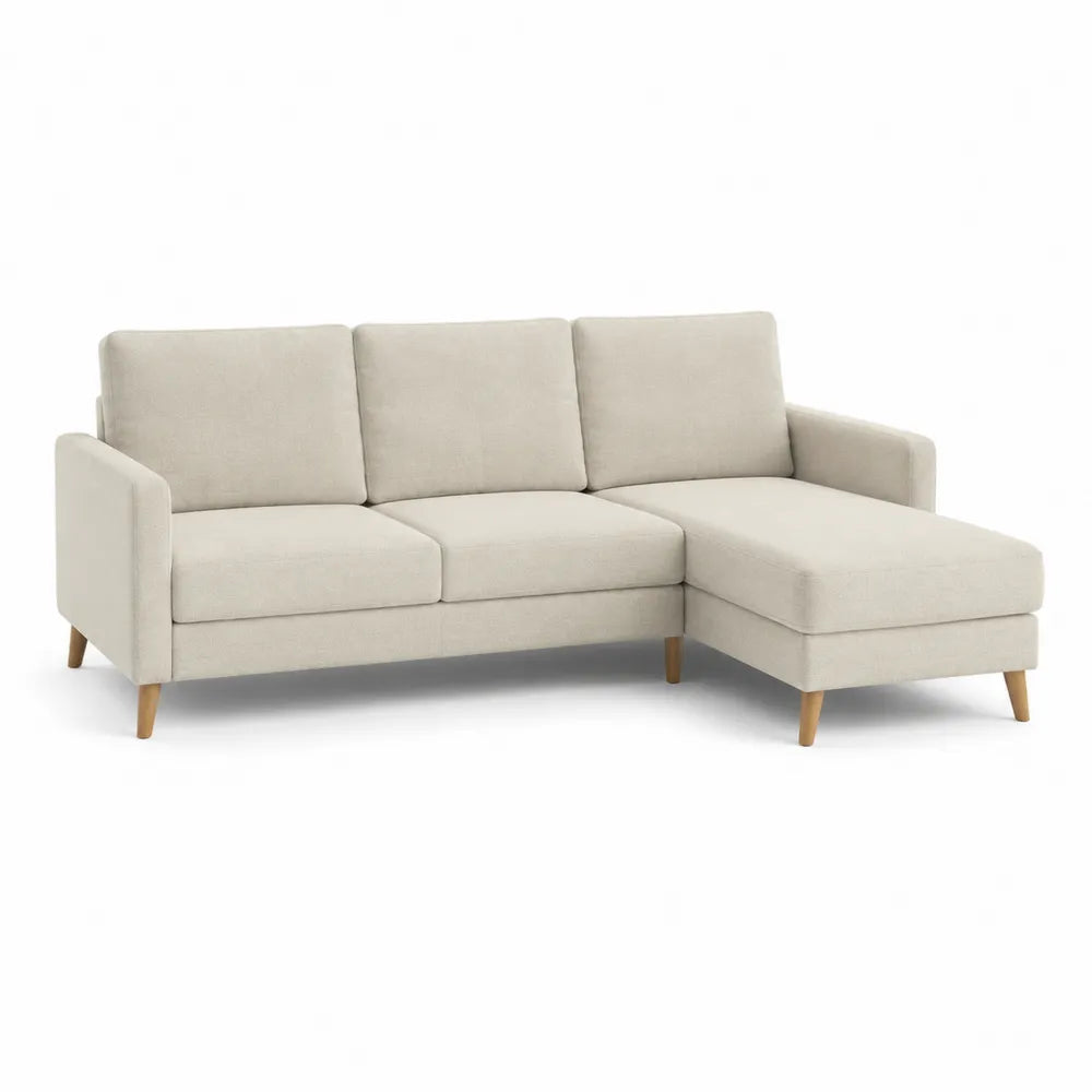 Ecksofa L Form 220 x 150 x 85 cm Ottomane rechts Polstersofa Polyester Stoff Holzrahmen Beige Naturholz