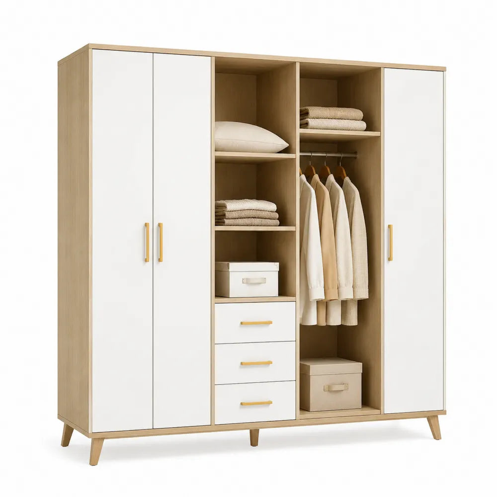 Kleiderschrank 200 x 55 x 200 cm Holzwerkstoff mit 3 Türen 3 Schubladen und Kleiderstange rechteckig Eichenfarben Weiß Goldfarben