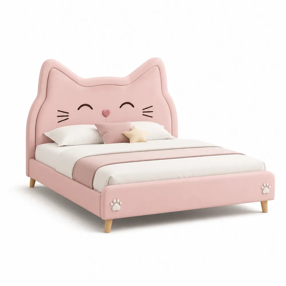Kinderbett 140 cm x 200 cm Polsterbett Katzenform Kopfteil Rosa MDF Holzwerkstoff Polyester Stoff Holzfüße