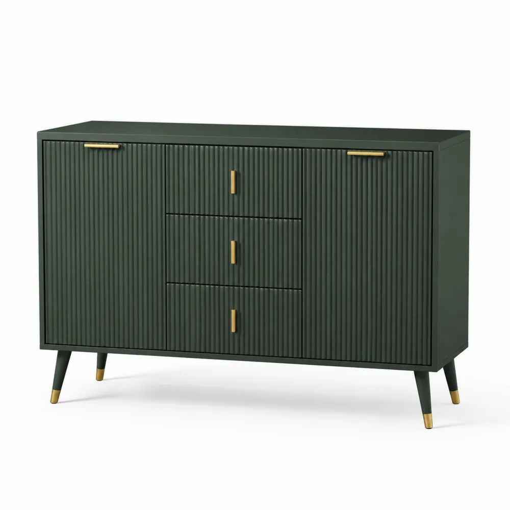 Sideboard mit 3 Schubladen 2 Türen MDF Holzwerkstoff Rillenfront Dunkelgrün Gold 140 cm 40 cm 80 cm
