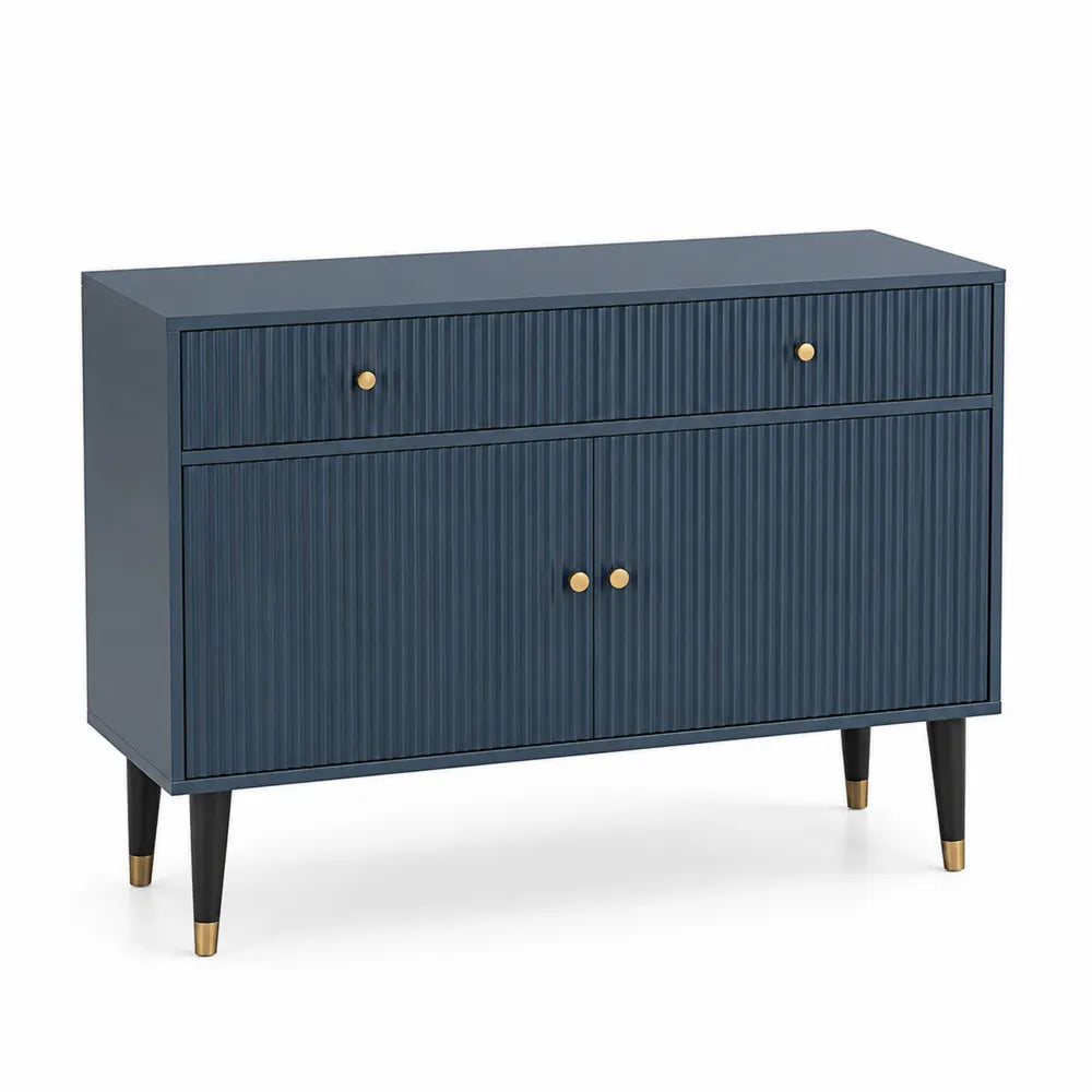 Sideboard mit 2 Türen und 2 Schubladen MDF Holzwerkstoff Rillenfront Dunkelblau Schwarz Gold 120 x 40 x 80 cm