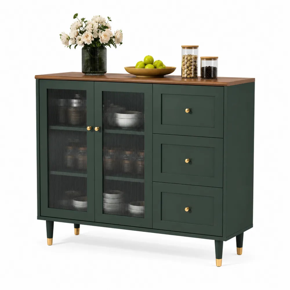 Sideboard Aufbewahrungsschrank 2 Glastüren geriffelt 3 Schubladen MDF Holzwerkstoff Dunkelgrün Gold Naturholz 120 cm x 40 cm x 85 cm