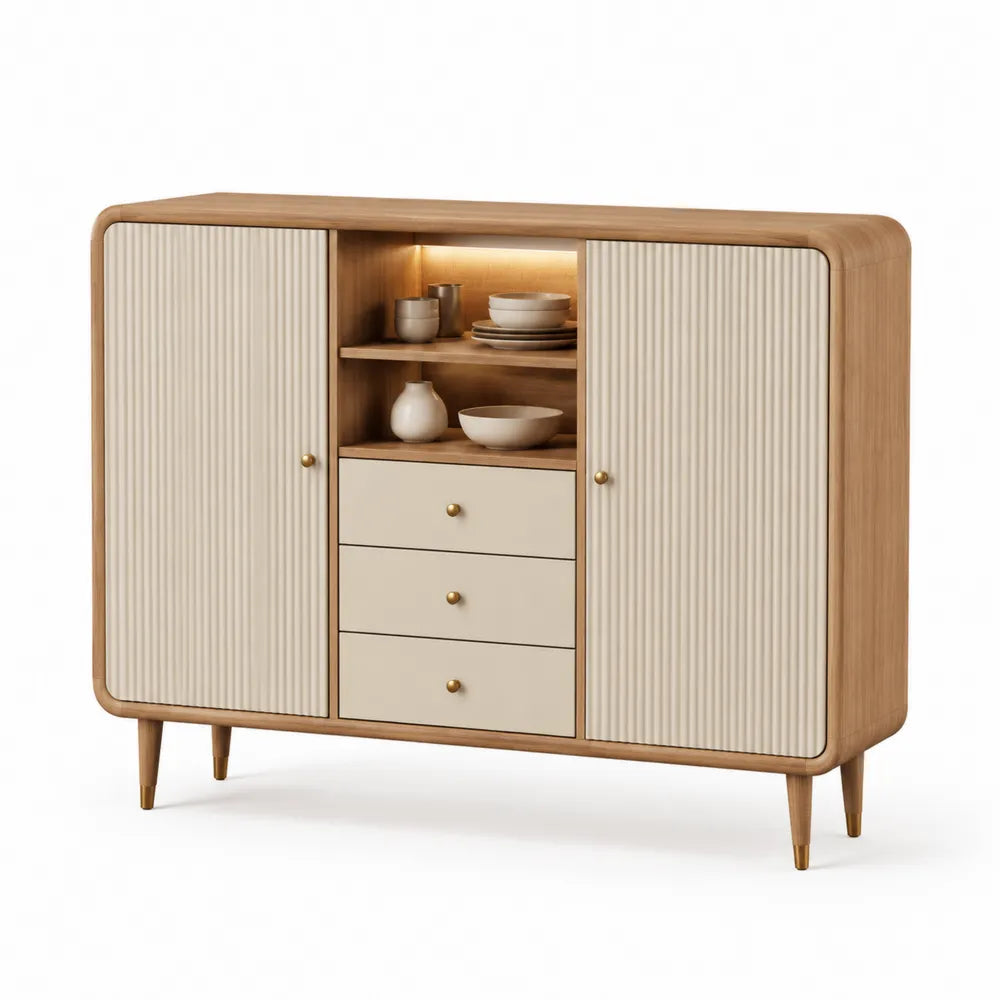 Sideboard mit Türen und Schubladen Rillenfront Holzwerkstoff Naturholzoptik Creme 150 x 40 x 80 cm