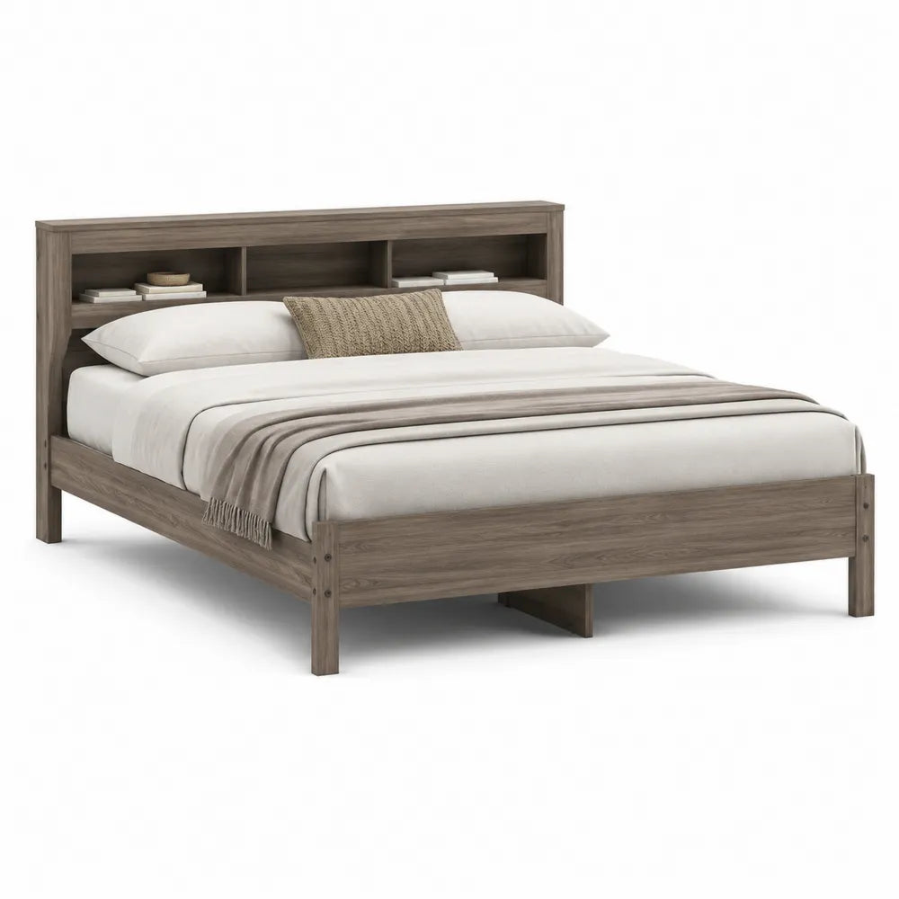 Stauraumbett 160 cm x 200 cm Bettgestell mit Kopfteilregal Eichegrau Holzwerkstoff rechteckig ohne Schubladen