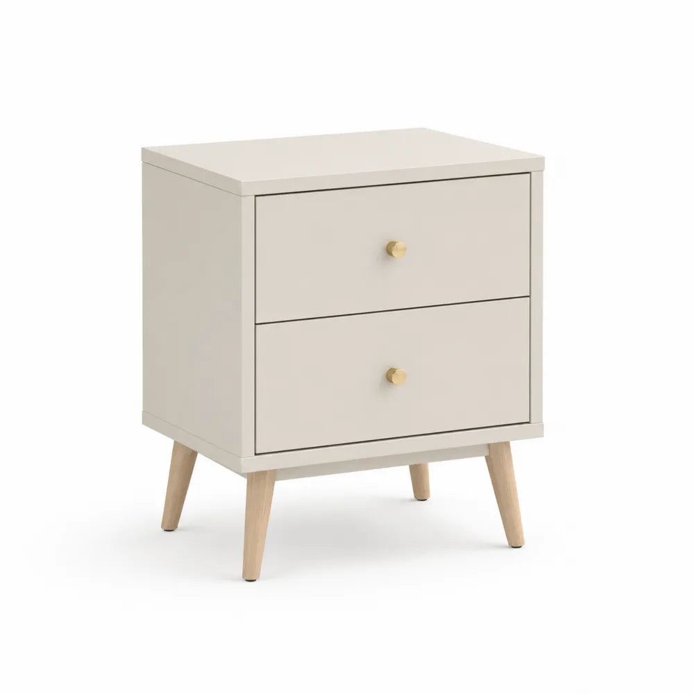 Nachttisch mit 2 Schubladen MDF melaminbeschichtet beige konisch Holzbeine goldfarbene Griffe 45 cm x 40 cm x 55 cm