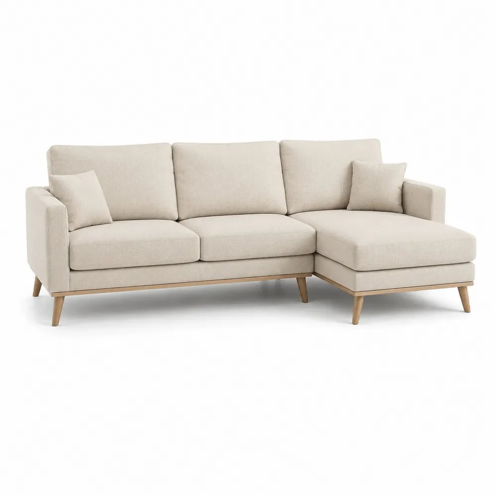 Ecksofa L Form 260 x 160 x 85 cm Chaiselongue rechts 3 Sitzer Polstersofa Polyester Stoff Holzrahmen Beige Naturholz