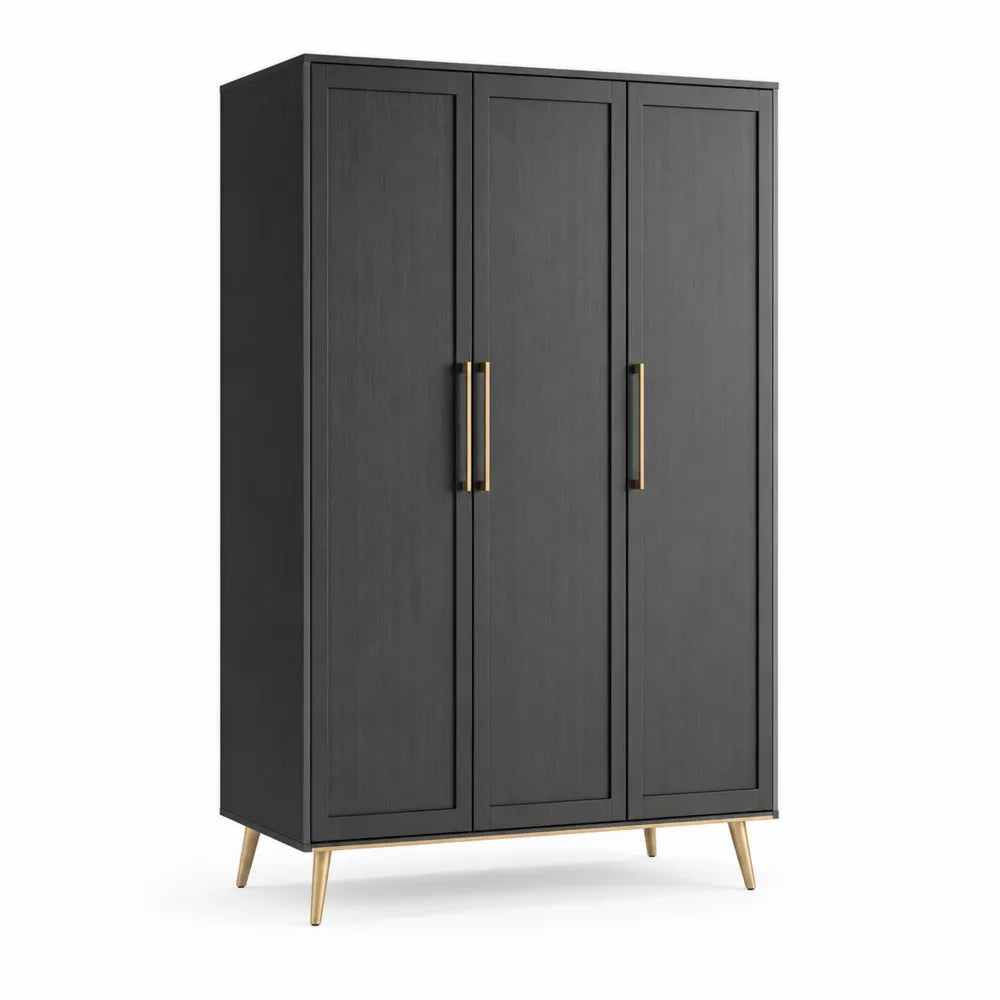 Kleiderschrank 120 x 55 x 190 cm Holzwerkstoff 3 Türen rechteckig Schwarz Gold Metallfüße